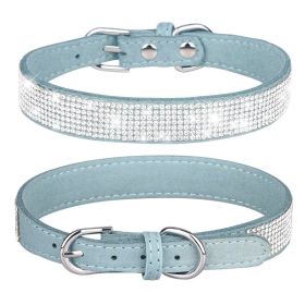 Pet Collar Shiny Artificial Rhinestone Dog Collar For Puppy And Cat; Microfiber Cat Collar (Color: Light Blue, size: M)