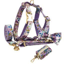 Purple And Wind Floral Dog Collar Hand Holding Rope Metal Bandana Bow Strap Out Shit Bag (Option: 5sets-M)